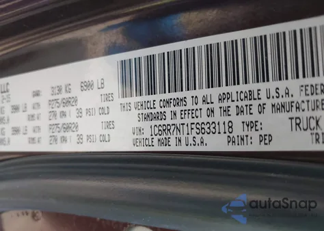 2015 Ram 1500 Laramie z USA, uszkodzony, nr VIN 1C6RR7NT1FS633118